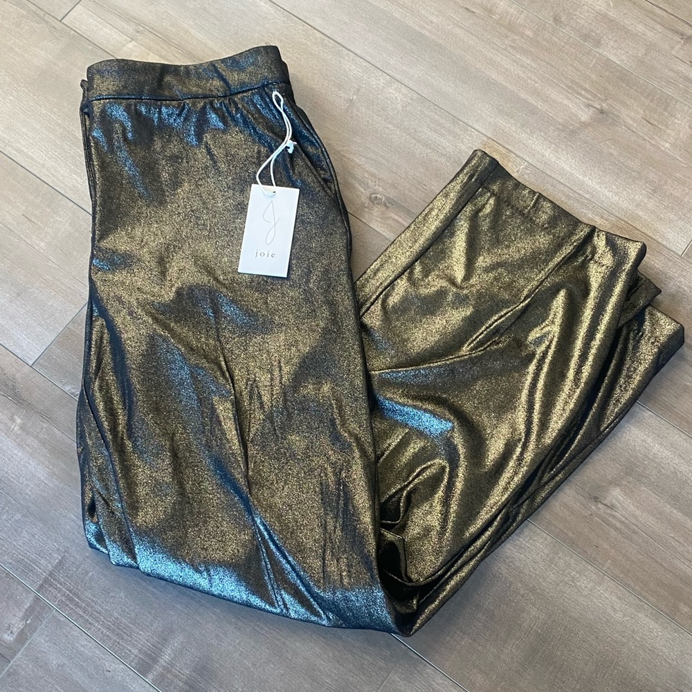 Joie Brushed Metallic Gold Wide Leg Soft Pants Work Career Evening Size 14